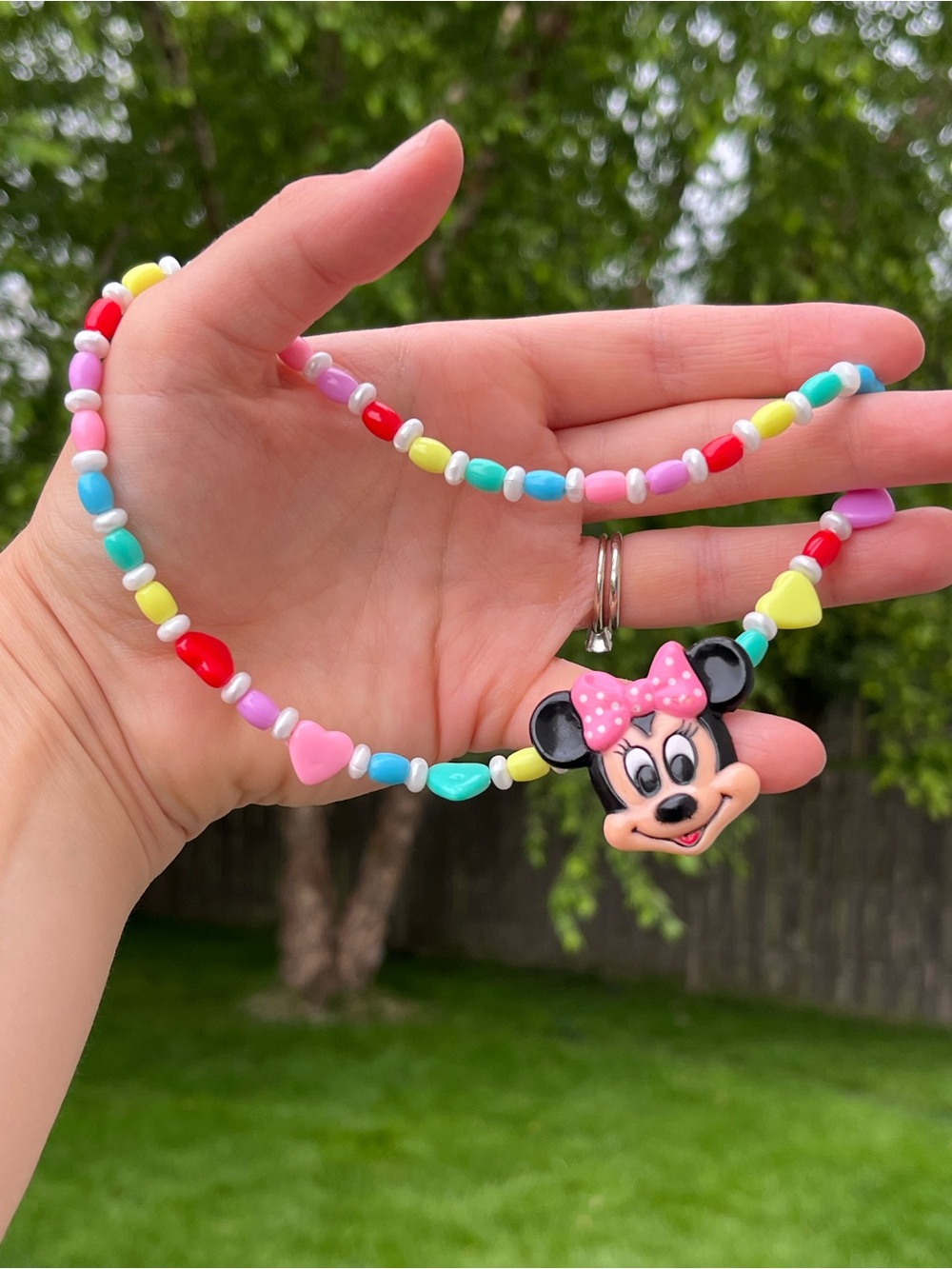 Vintage Bead and Faux Pearl Minnie Mouse Stretchy Necklace